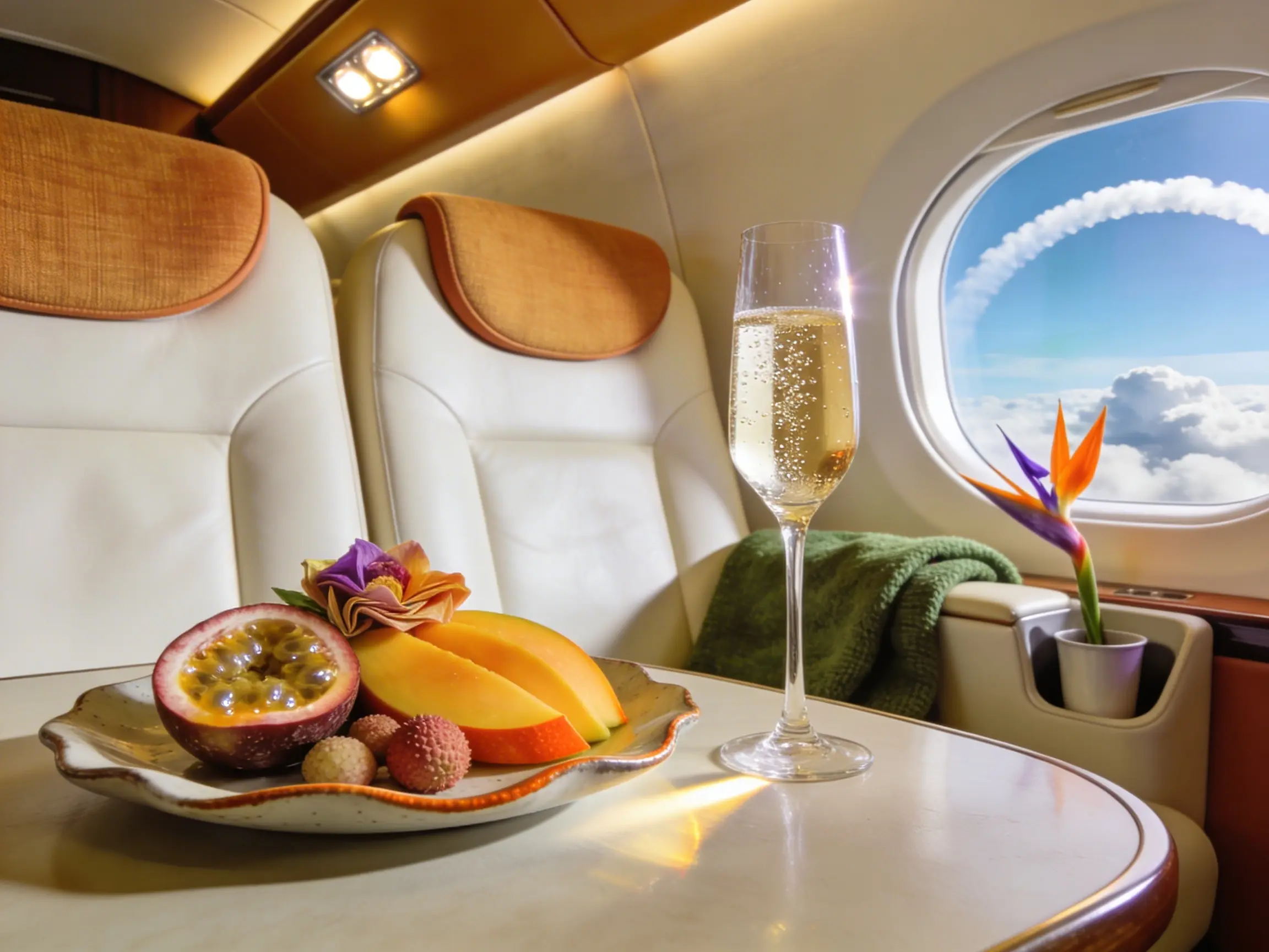 Private jet cabin with tropical flowers, fresh fruit, and champagne