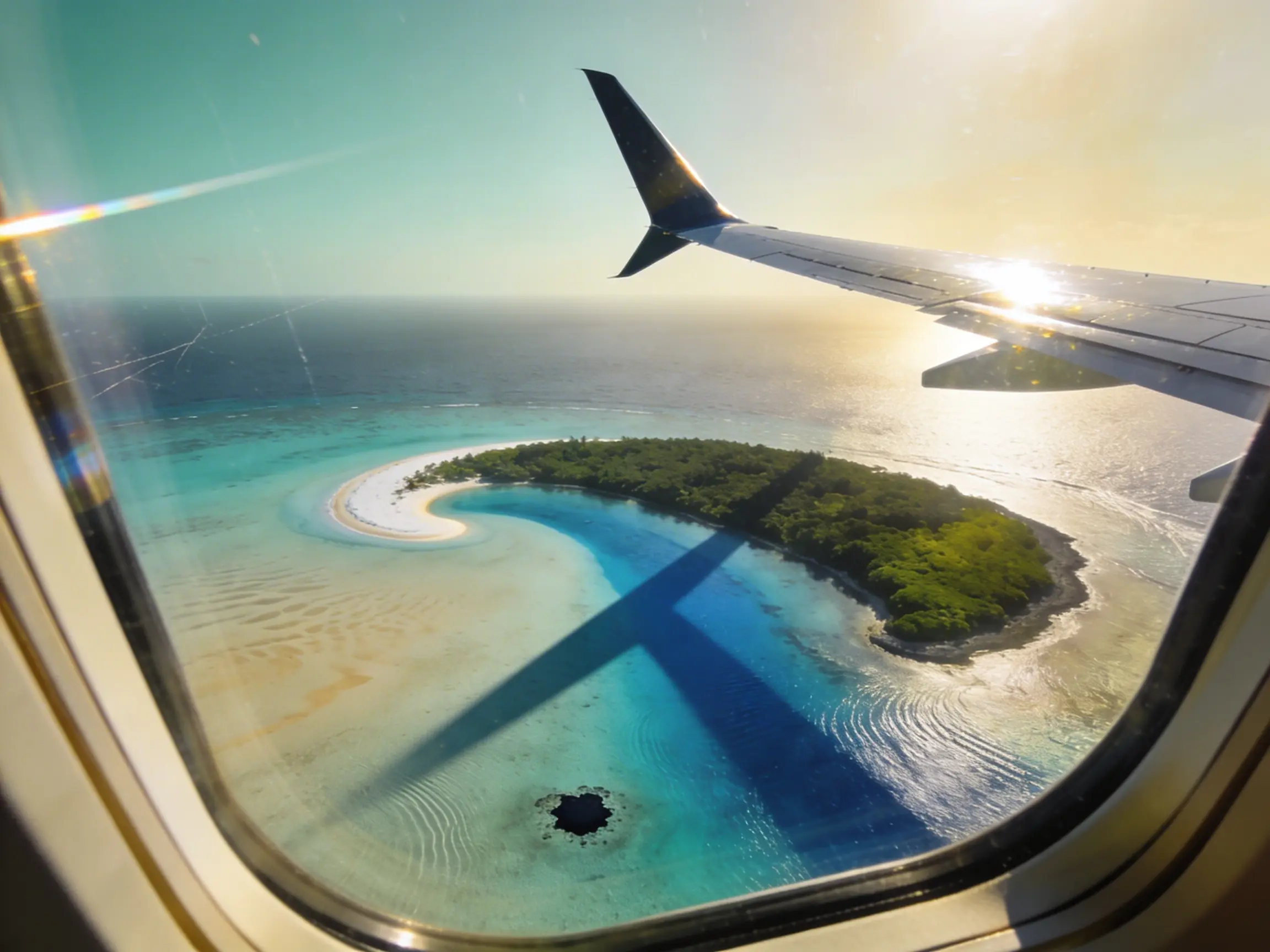 Caribbean island coastline seen from a private jet window