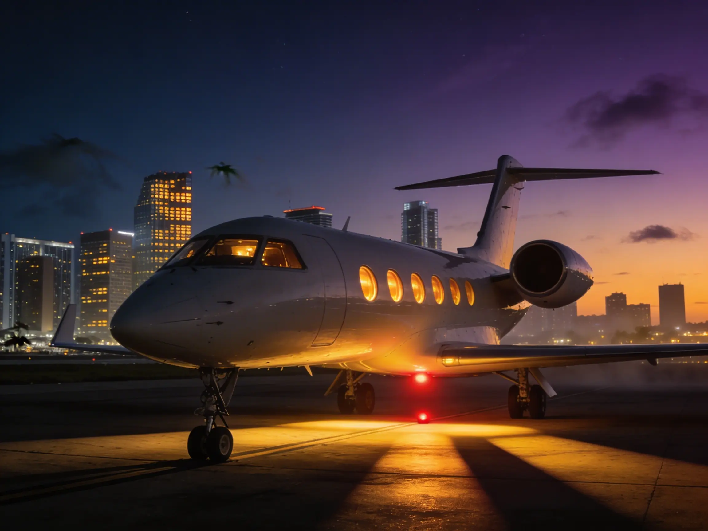 Private jet on the ramp at night with Miami skyline glowing in the background